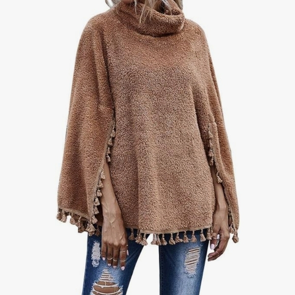 Sweaters - Cozy Tan Poncho with Tassels EUC Worn Once!!! Size L